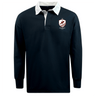 The EMB Mudoo West Potomac RFC Classic Long Sleeve Solid Rugby Jersey features a navy body, white collar, and the official school crest, crafted from a durable cotton-poly blend for comfort and style.