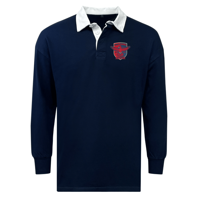EMB Mudoo's Charlotte Cardinals Rugby Club Classic Long Sleeve Solid Rugby Jersey is a navy blue long sleeve rugby jersey with a contrasting white collar and a red emblem on the chest.