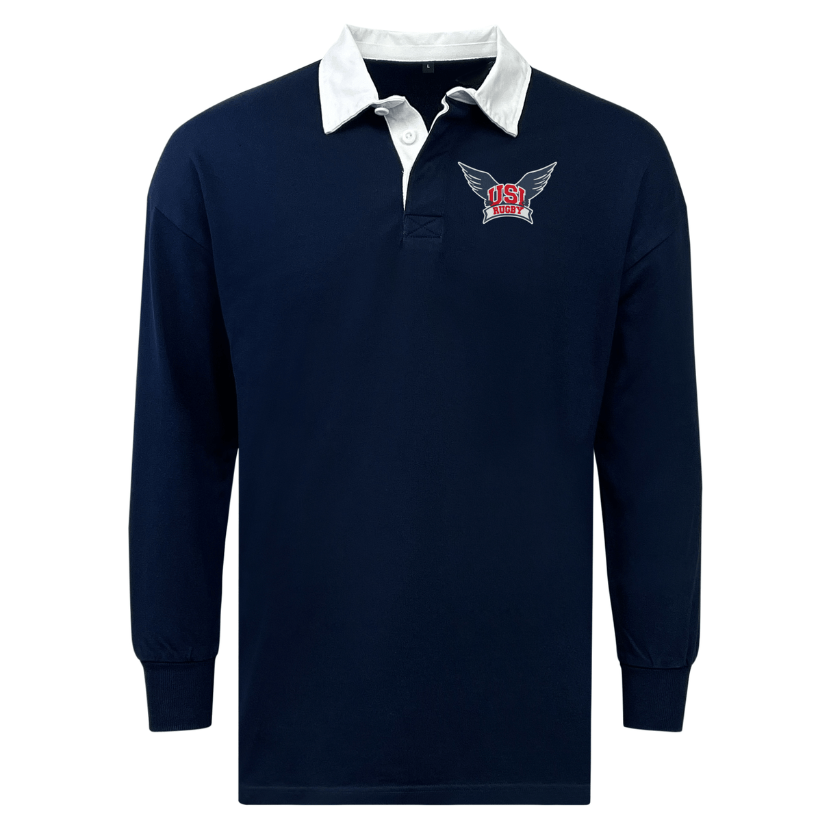 A University of Southern Indiana Classic Long Sleeve Solid Rugby Jersey in navy blue, this long-sleeve shirt by EMB Mudoo features a white collar and a crest with the letters "OSI" alongside an emblem of wings on the chest. Made from a cotton/poly blend, it's crafted for comfort with medium-weight jersey fabric.