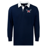 A University of Southern Indiana Classic Long Sleeve Solid Rugby Jersey in navy blue, this long-sleeve shirt by EMB Mudoo features a white collar and a crest with the letters "OSI" alongside an emblem of wings on the chest. Made from a cotton/poly blend, it's crafted for comfort with medium-weight jersey fabric.