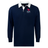 A navy blue long-sleeved Rugby East Conference Classic Long Sleeve Solid Rugby Jersey with a white collar and an "EMB Mudoo" logo in white and red on the left chest, made from a comfortable Cotton/Poly Blend.