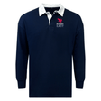 A navy blue long-sleeved Rugby East Conference Classic Long Sleeve Solid Rugby Jersey with a white collar and an "EMB Mudoo" logo in white and red on the left chest, made from a comfortable Cotton/Poly Blend.