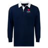 A navy blue long-sleeved Rugby East Conference Classic Long Sleeve Solid Rugby Jersey with a white collar and an "EMB Mudoo" logo in white and red on the left chest, made from a comfortable Cotton/Poly Blend.