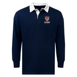 Navy blue Dwight Rugby Classic Long Sleeve Solid Rugby Jersey with a white collar and an embroidered logo on the left chest that reads "big game rugby" by EMB Mudoo.