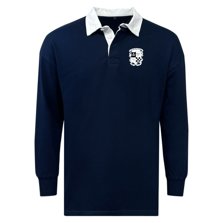 EMB Mudoo's Navy blue long-sleeved Rugby Football Club at Christopher Newport University Classic Long Sleeve Solid Rugby Jersey with a white collar and an embroidered crest on the left chest, made from a cotton/poly blend for fan comfort.
