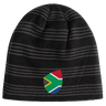 A South Africa Shield Beanie by EMB Canterbury in black with gray stripes, featuring a South African flag emblem on the front.