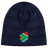 Introducing the South Africa Shield Beanie by EMB Canterbury: a dark blue knit masterpiece featuring subtle stripes and a small South African flag design on the front.