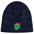 Introducing the South Africa Shield Beanie by EMB Canterbury: a dark blue knit masterpiece featuring subtle stripes and a small South African flag design on the front.