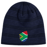 Introducing the South Africa Shield Beanie by EMB Canterbury: a dark blue knit masterpiece featuring subtle stripes and a small South African flag design on the front.