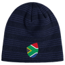 Introducing the South Africa Shield Beanie by EMB Canterbury: a dark blue knit masterpiece featuring subtle stripes and a small South African flag design on the front.