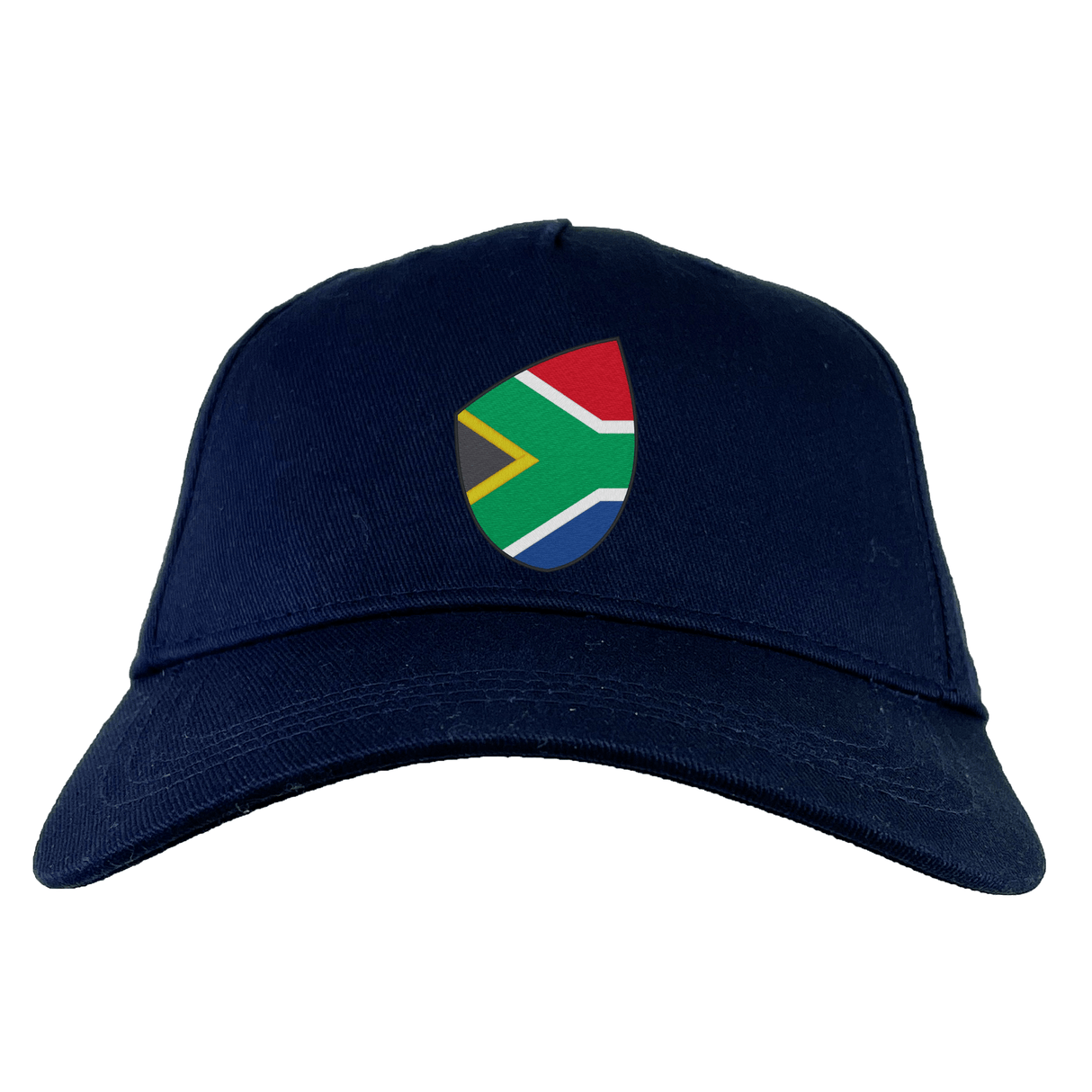The EMB Canterbury South Africa Shield Flex Drill Cap in navy features a shield-shaped emblem adorned with the colors of the South African flag.