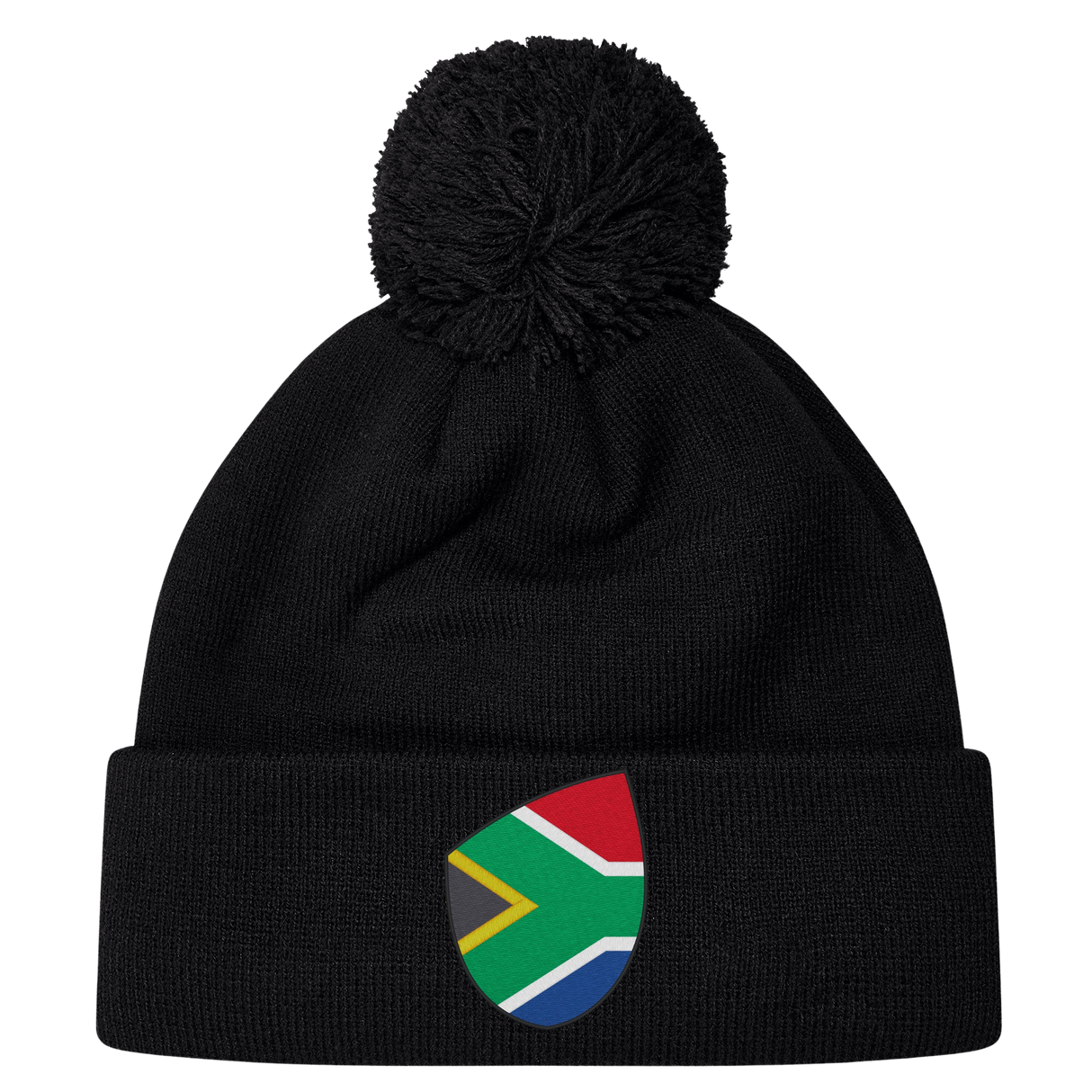 The South Africa Shield Pom Pom Beanie by EMB Canterbury is a stylish black beanie with a front cuff patch showcasing the iconic South Africa shield, combining style and pride in one cozy accessory.