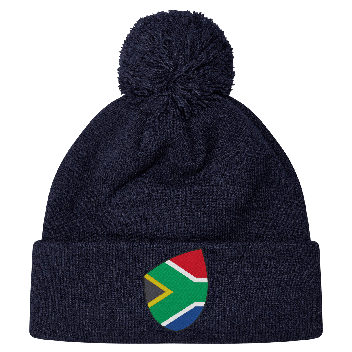 The EMB Canterbury South Africa Shield Pom Pom Beanie is a navy blue beanie featuring a patch with the iconic South Africa Shield design on the front.