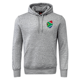 The South Africa Shield Club Hoodie by EMB Canterbury is a gray hoodie with a small South African flag emblem on the left chest, featuring a front pocket and drawstring hood—a perfect choice for rugby supporters.