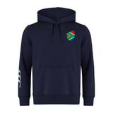The South Africa Shield Club Hoodie by EMB Canterbury is a navy blue hoodie perfect for rugby fans, featuring a South African flag emblem on the chest and three white stripes on the left sleeve for a sleek look.