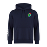The South Africa Shield Club Hoodie by EMB Canterbury is a navy blue hoodie perfect for rugby fans, featuring a South African flag emblem on the chest and three white stripes on the left sleeve for a sleek look.