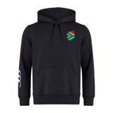 The EMB Canterbury South Africa Shield Club Hoodie features a small South African flag patch on the left chest and three white stripes on the right sleeve, ideal for passionate Rugby supporters.