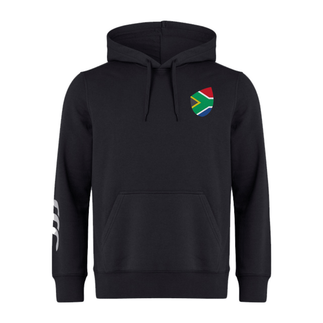 The EMB Canterbury South Africa Shield Club Hoodie features a small South African flag patch on the left chest and three white stripes on the right sleeve, ideal for passionate Rugby supporters.