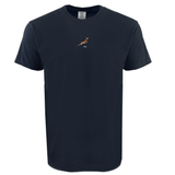 The South Africa Vintage Comfort Tee by EMB S&S Activewear is a black shirt featuring a small leaping antelope graphic above "skip" on the chest—ideal for rugby fans wanting a unique take on classic style.