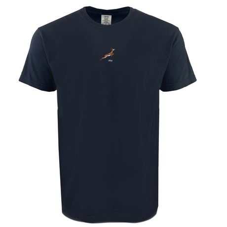 The South Africa Vintage Comfort Tee by EMB S&S Activewear is a black shirt featuring a small leaping antelope graphic above "skip" on the chest—ideal for rugby fans wanting a unique take on classic style.