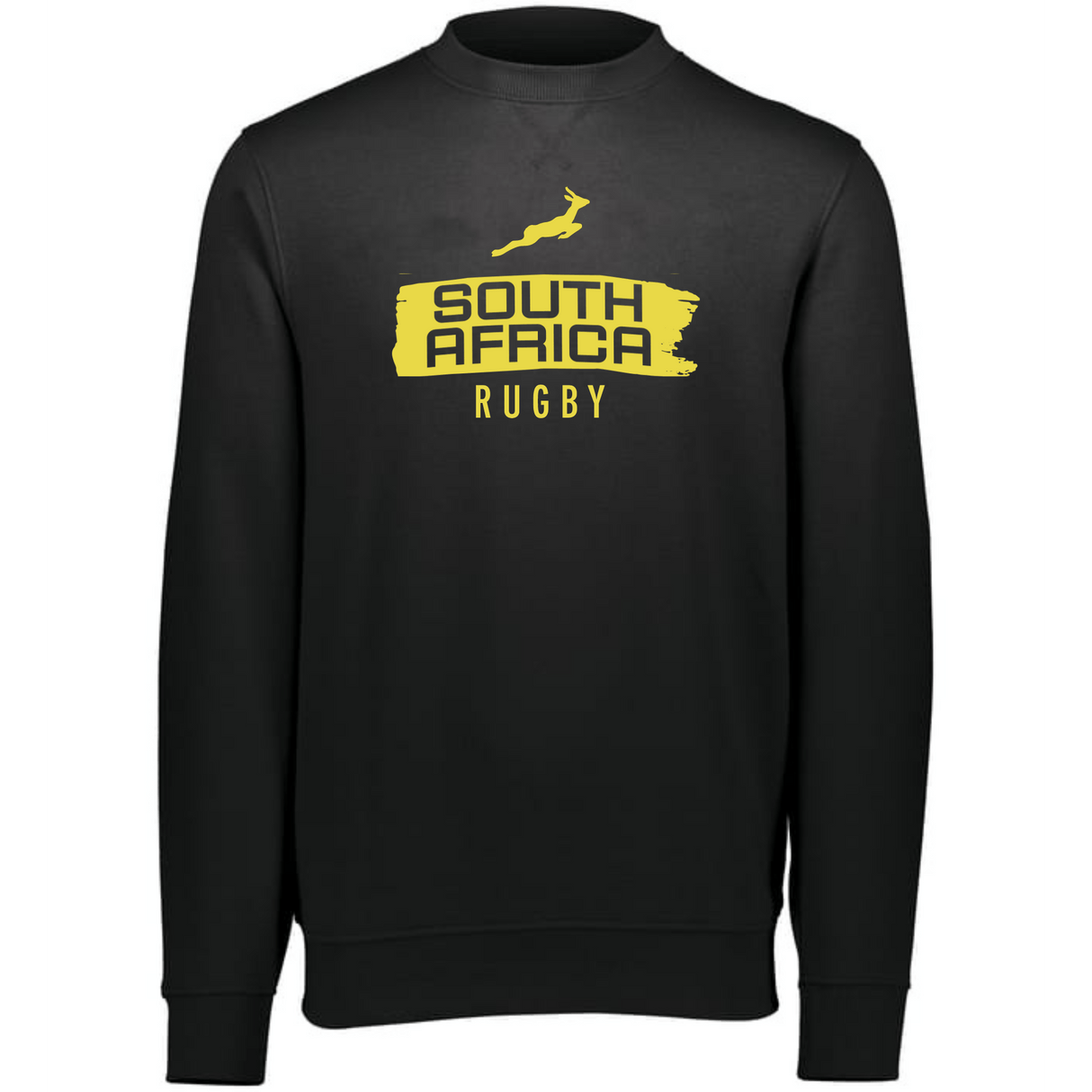 Black athletic fleece sweatshirt with WRS Augusta's Nations of Rugby South Africa Brush Stroke Crewneck Sweatshirt 24 logo.