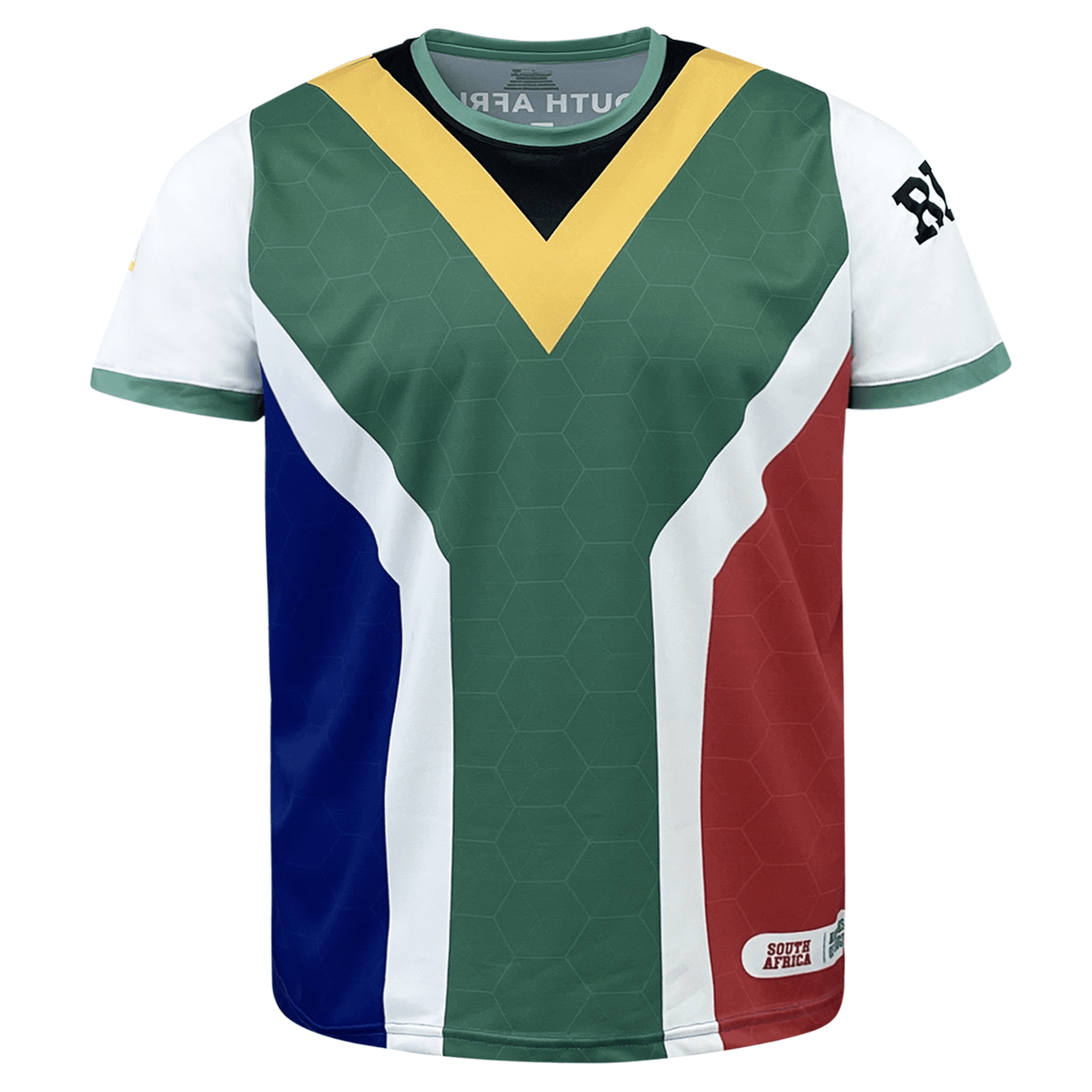 A short-sleeve supporter jersey with a design resembling the South African flag, featuring green, blue, red, black, yellow, and white geometric patterns. Perfect for fans of South Africa Sevens Rugby! This is the Nations of Rugby South Africa Sevens Rugby Flag Jersey by Admiral.