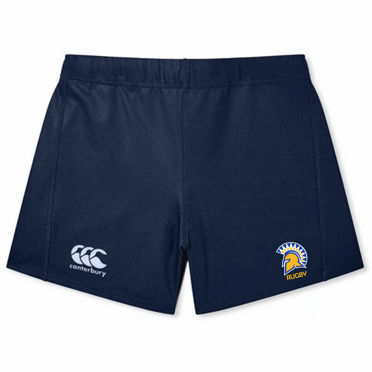 The Spartan Rugby Women's Yokohama Short by EMB Canterbury is a navy blue sportswear piece with a Canterbury logo on the left leg and a Spartan helmet emblem on the right, crafted from Vapodri fabric for optimal comfort and performance.