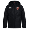 Black Rye High School Rugby Club Vaposhield Stadium Jacket with a hood, team logo on the left chest, and VapoShield water repellent technology by EMB Canterbury.