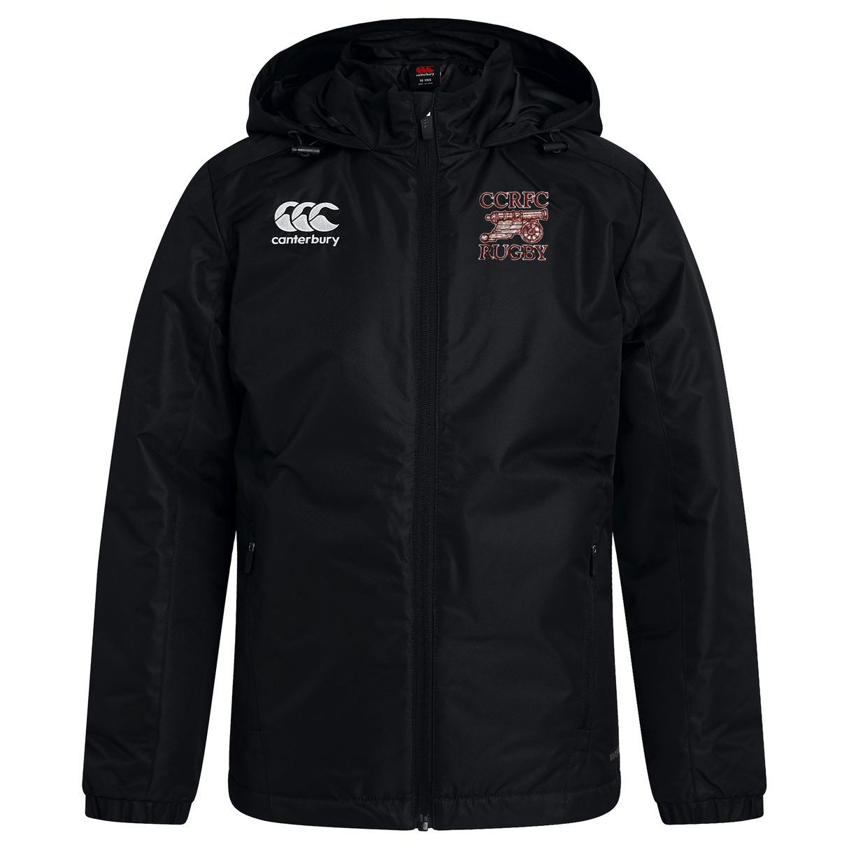 EMB Canterbury Concord Carlisle Rugby Club Vaposhield Stadium Jacket with VapoShield Technology, featuring a logo on the right chest and "ccrc house" embroidered on the left, displayed against a white background.