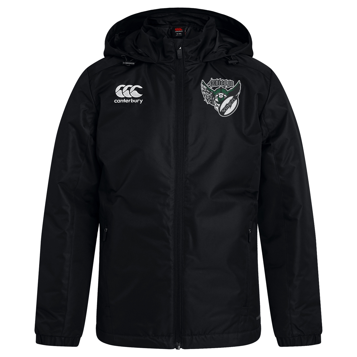 Chicago Valkyries Club Vaposhield Stadium Jacket with hood, featuring white EMB Canterbury logo on right chest and a green and white CCC Rugby Club emblem on the left.