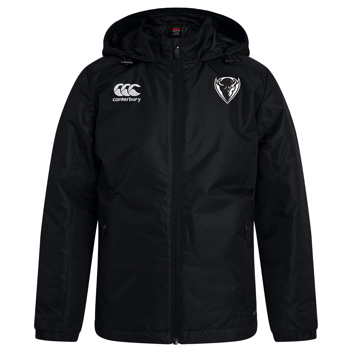 A black DePaul University Club Vaposhield Stadium Jacket by EMB Canterbury featuring a VapoShield logo on the right chest and a sports team emblem on the left chest.