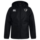 A black DePaul University Club Vaposhield Stadium Jacket by EMB Canterbury featuring a VapoShield logo on the right chest and a sports team emblem on the left chest.