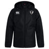 A black DePaul University Club Vaposhield Stadium Jacket by EMB Canterbury featuring a VapoShield logo on the right chest and a sports team emblem on the left chest.