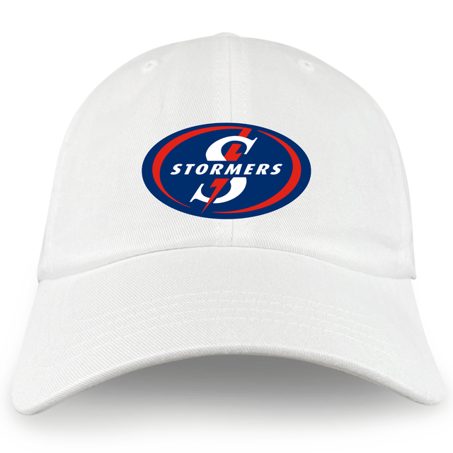 An EMB Alpha Broder Stormers Rugby Cotton Twill Dad Cap with the letter s on it, representing the Stormers rugby team.