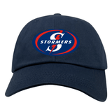 A navy Stormers Rugby Cotton Twill Dad Cap with the word Starks on it by EMB Alpha Broder.