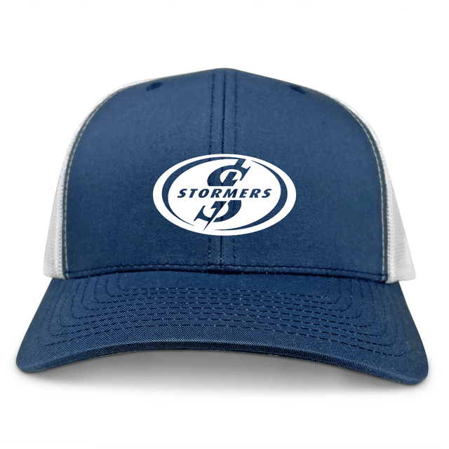 The Stormers White Logo Retro Trucker Cap by EMB S&S Activewear features a bold circular Stormers logo on the front. Show your South Africa Stormers pride with this stylish blue and white classic cap.