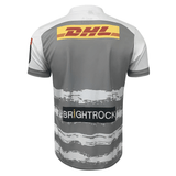 Back of Grey jerseys which Large DHL logo on the top back and Brightrock logo on bottom back. White brush style hoops on the bottom