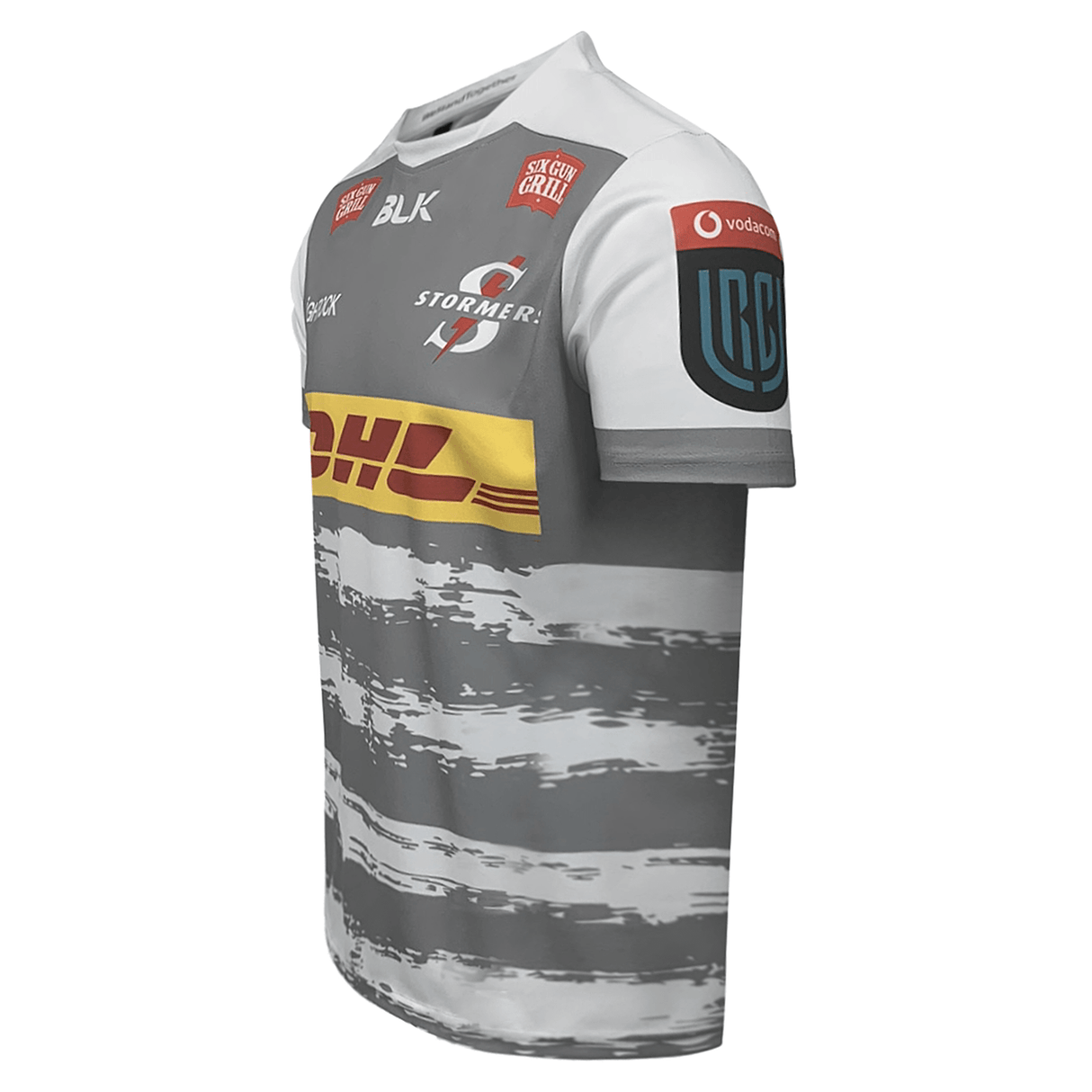 Side of Blue jerseys which Large DHL logo on the top back and Brightrock logo on bottom back. White brush style hoops on the bottom