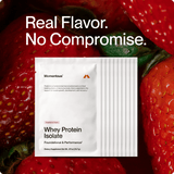 Momentous Whey Protein Isolate 10-Travel Packs by Momentous shown in front of close-up strawberries, with the text "Real Flavor. No Compromise." displayed above the packet.