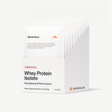 Momentous Whey Protein Isolate 10-Travel Packs, strawberry flavor, supports foundational and performance use. Each box from Momentous contains 10 convenient packets.