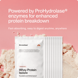 A pack of Momentous Whey Protein Isolate 10-Travel Packs rests on pink powder, with text highlighting ProHydrolase enzymes for better protein breakdown and rapid absorption.
