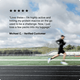 A blurred runner moves on a track, while a testimonial and five-star rating for Momentous Whey Protein Isolate 10-Travel Packs by Momentous are displayed above.