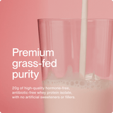 A glass filled with a light-colored liquid showcases Momentous Whey Protein Isolate 10-Travel Packs—premium grass-fed whey, free from hormones, antibiotics, artificial sweeteners, and fillers—perfect for convenient, on-the-go nutrition.
