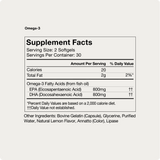 Momentous Omega-3 Supplement Facts label displays calories, fat, EPA and DHA amounts, serving size, and ingredients—supporting brain and heart health. Brand: Momentous.