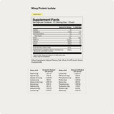 Supplement facts label for Momentous Whey Protein Isolate 10-Travel Packs, vanilla flavor, by Momentous. Shows nutrition info, amino acid profile, ingredients, and serving size per pouch in black text on a white background—ideal for travel.