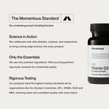 A promotional image for Momentous Vitamin D3 5000 IU showcases the brand’s dedication to quality, science, and premium ingredients—featuring benefits for bone strength and immune health, with a partial bottle visible on the right.