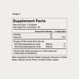 The Momentous Three supplement facts label lists serving size, calories, fat content, EPA and DHA amounts—ideal with protein or creatine—and all ingredients. Brand: Momentous.
