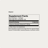 Supplement facts label for Momentous Ubiquinol by Momentous: premium CoQ10 supplement supporting mitochondrial function; each softgel contains 100 mg ubiquinol, 30 servings per container, plus other listed ingredients.