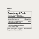 Momentous Vitamin D3 5000 IU supplement facts label highlights 5000 IU per serving to support immune function and bone strength. Other ingredients: rice flour, hypromellose, magnesium stearate, and silica. Brand: Momentous.