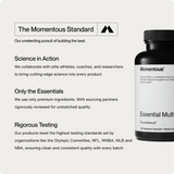 An infographic for Momentous Multivitamin by Momentous, showcasing key vitamins, immune support, strict quality testing, and partnerships with top sports organizations.